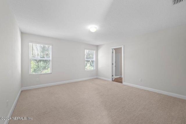 empty room with a textured ceiling and light colored carpet