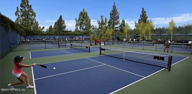 view of tennis court featuring basketball court