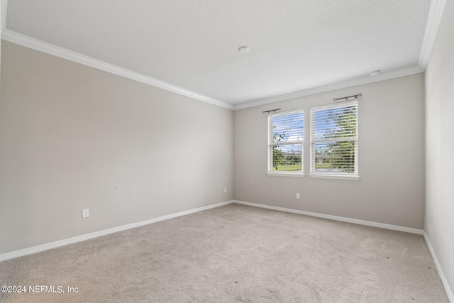 carpeted empty room featuring crown molding and a textured ceiling