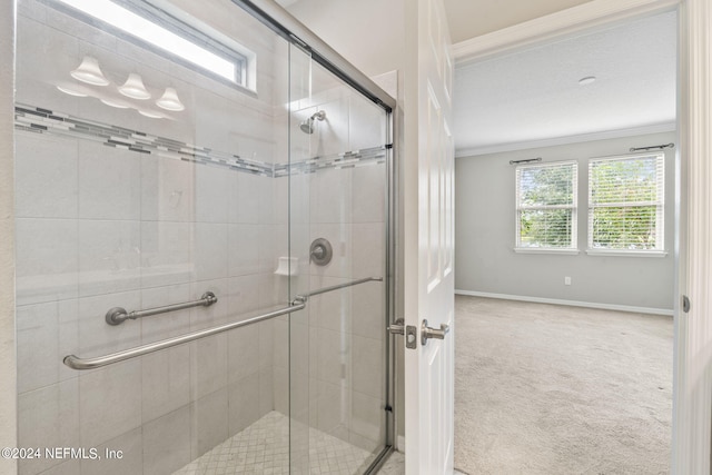 bathroom featuring a shower with door, ornamental molding, and a wealth of natural light