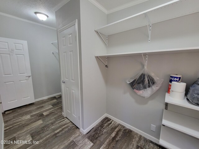 interior space with crown molding, a textured ceiling, and dark hardwood / wood-style floors