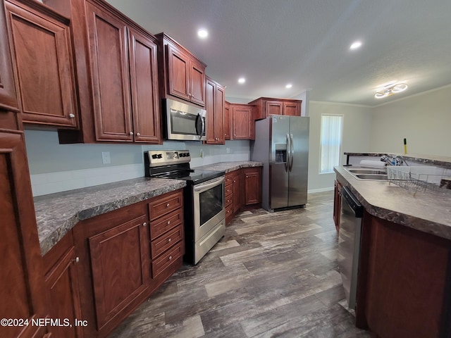 kitchen featuring appliances with stainless steel finishes, sink, and dark wood-type flooring