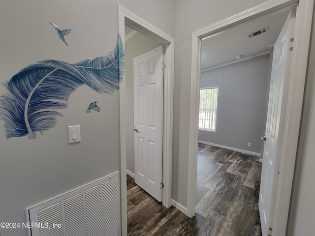 hallway featuring ornamental molding, a textured ceiling, and dark wood-type flooring