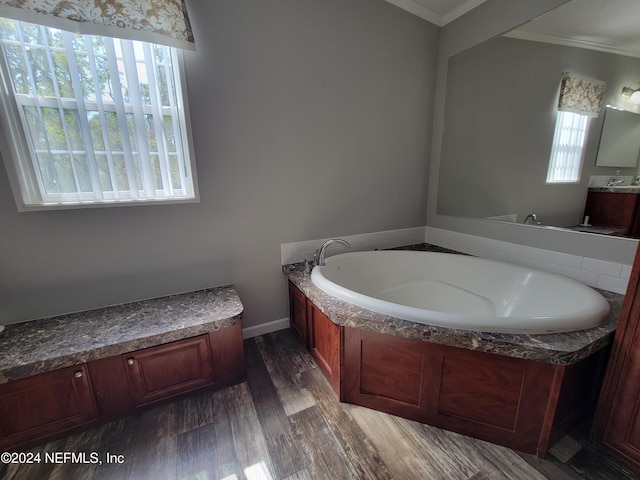 bathroom featuring vanity, a tub, hardwood / wood-style flooring, and ornamental molding