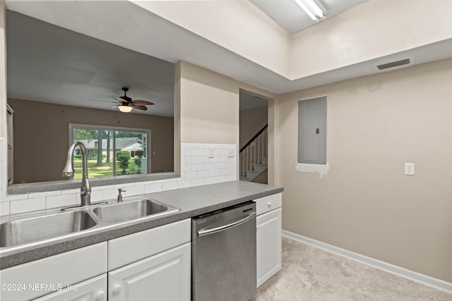 kitchen with sink, dishwasher, white cabinetry, ceiling fan, and electric panel