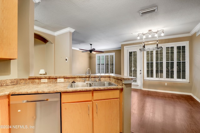 kitchen featuring sink, ornamental molding, dishwasher, and dark hardwood / wood-style flooring