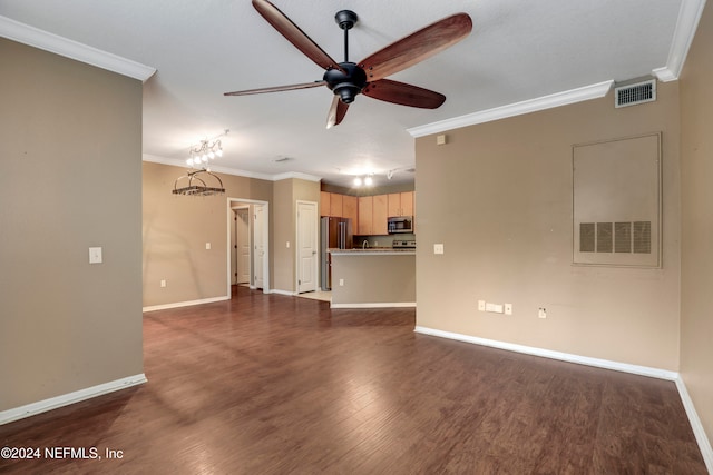 unfurnished living room with crown molding, dark hardwood / wood-style floors, and ceiling fan with notable chandelier