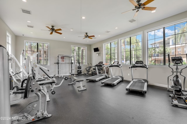 gym featuring ceiling fan