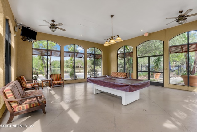 rec room with ceiling fan and pool table