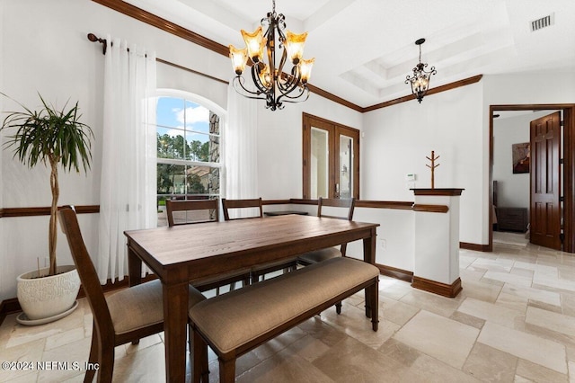 dining area with french doors, a notable chandelier, a raised ceiling, and crown molding