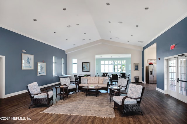 living room featuring ornamental molding, lofted ceiling, dark hardwood / wood-style floors, and ceiling fan