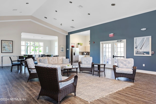 living room with french doors, high vaulted ceiling, ornamental molding, and dark hardwood / wood-style flooring