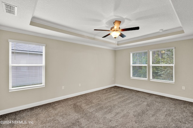 carpeted spare room with crown molding, a textured ceiling, ceiling fan, and a raised ceiling