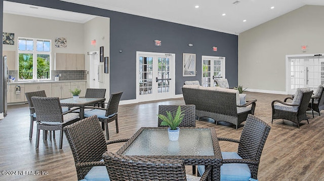 dining room with french doors, a healthy amount of sunlight, and high vaulted ceiling