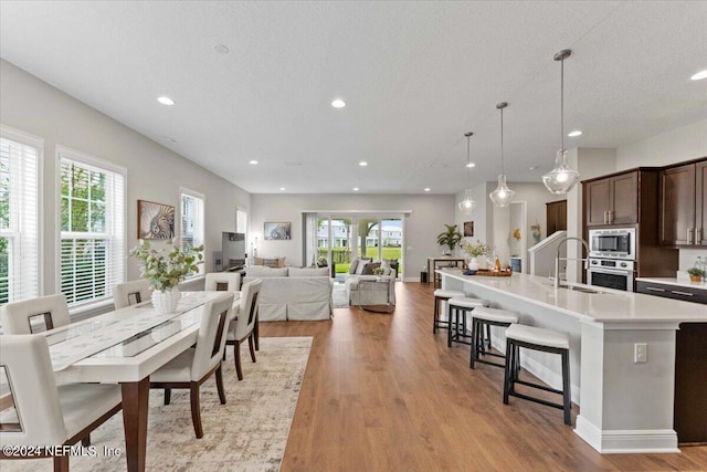 dining room with light hardwood / wood-style flooring, a textured ceiling, and sink