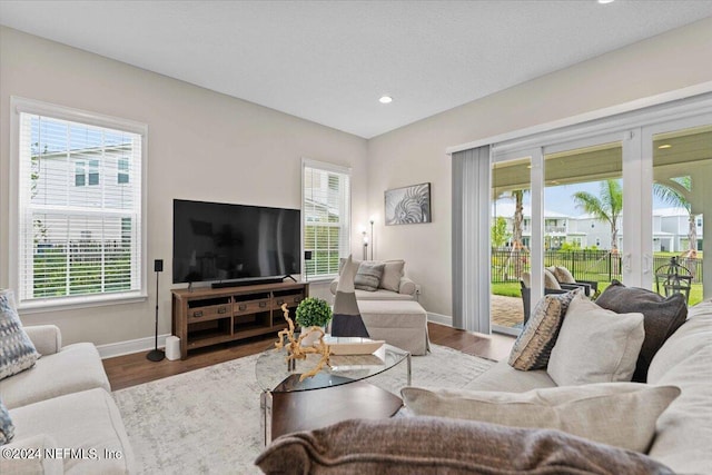 living room with french doors, a textured ceiling, light hardwood / wood-style flooring, and plenty of natural light