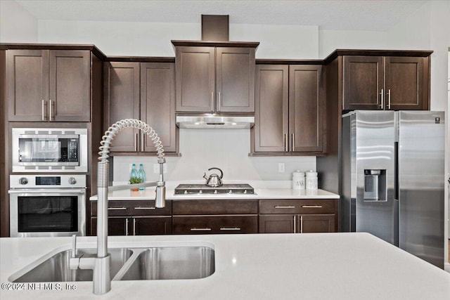 kitchen with sink, appliances with stainless steel finishes, and dark brown cabinetry