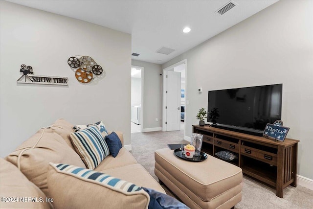 living room with light colored carpet