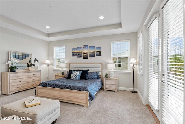 bedroom with multiple windows, a tray ceiling, and carpet