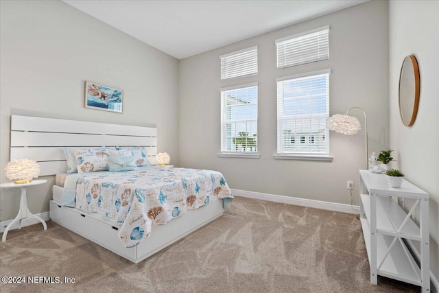 bedroom with light colored carpet