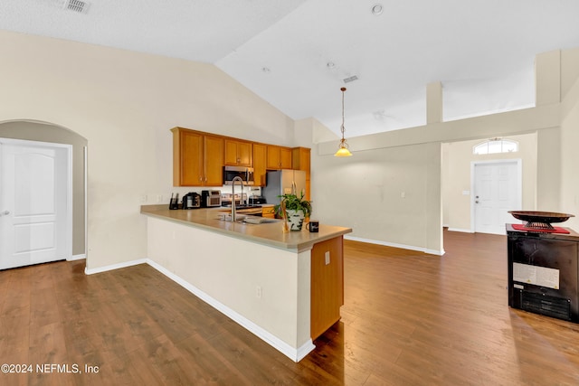 kitchen with pendant lighting, high vaulted ceiling, dark hardwood / wood-style floors, kitchen peninsula, and stainless steel appliances