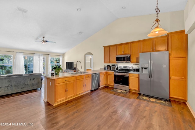 kitchen with plenty of natural light, kitchen peninsula, stainless steel appliances, and decorative light fixtures