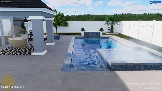 view of pool with a patio area, pool water feature, ceiling fan, and a hot tub