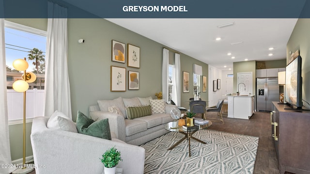 living room with sink and dark wood-type flooring