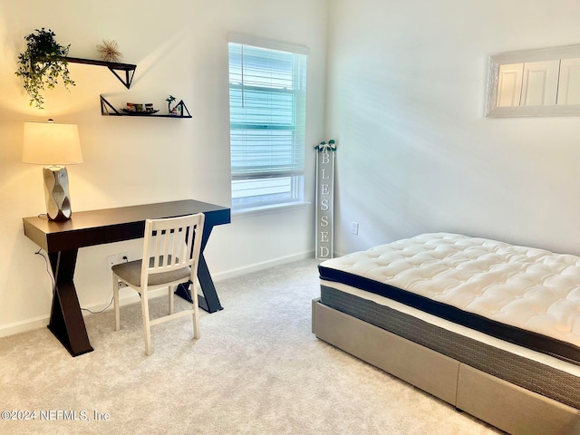 bedroom with light colored carpet