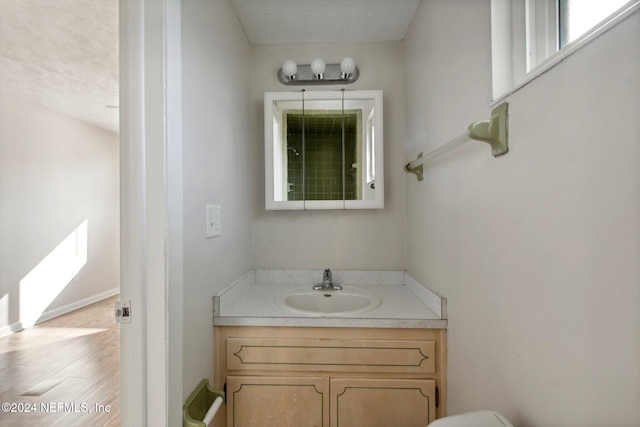 bathroom featuring wood-type flooring, vanity, and a textured ceiling