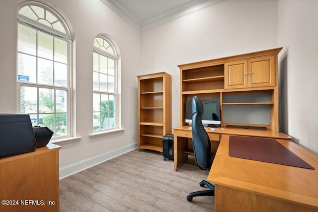 office with ornamental molding and light hardwood / wood-style floors