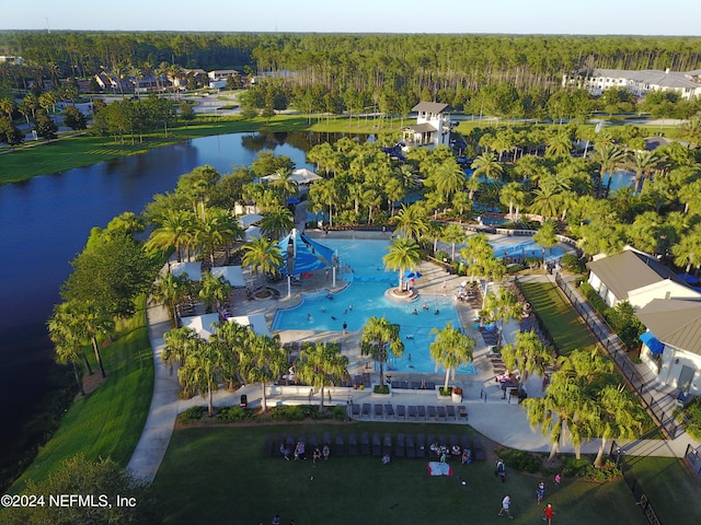 birds eye view of property featuring a water view