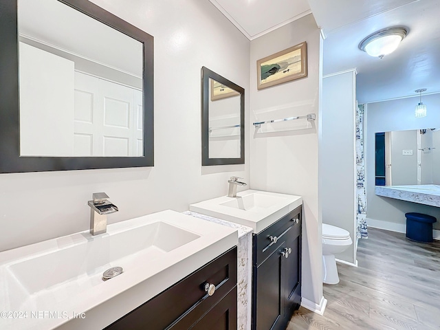 bathroom with vanity, ornamental molding, toilet, and wood-type flooring