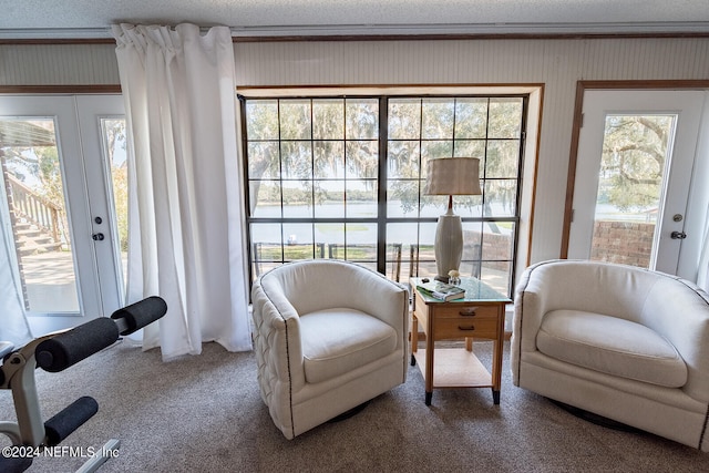 sitting room with plenty of natural light, a textured ceiling, and carpet