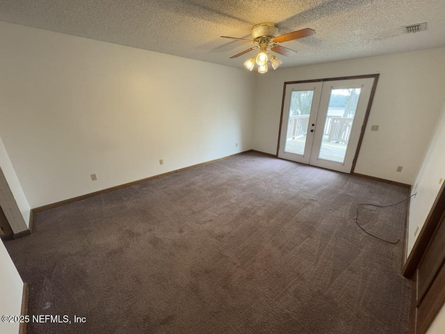 6706 Baja Ct, Keystone Heights, FL 32656 - unfurnished room with visible vents, a ceiling fan, french doors, carpet floors, and baseboards