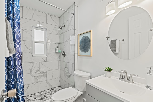 bathroom featuring vanity, curtained shower, and toilet