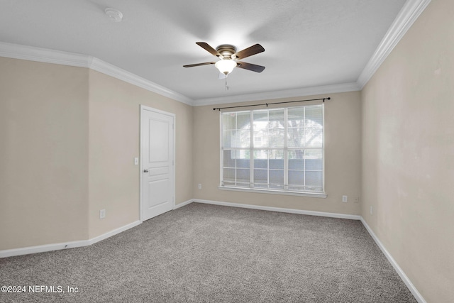 carpeted empty room featuring crown molding and ceiling fan