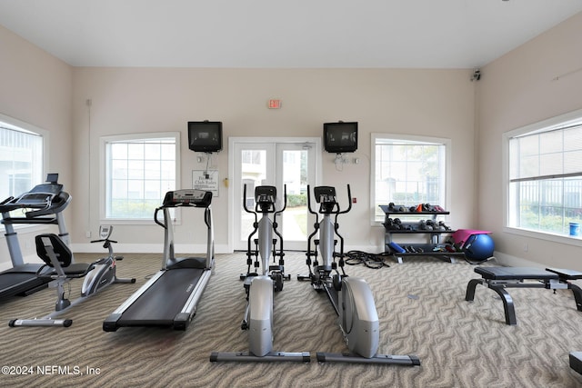 exercise room with french doors and carpet floors