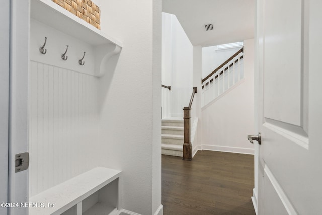 mudroom with dark wood-type flooring