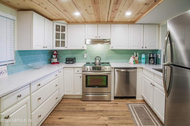 kitchen featuring stainless steel appliances, wooden ceiling, light wood-type flooring, white cabinetry, and tasteful backsplash