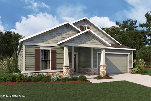 craftsman inspired home featuring a front lawn, covered porch, and a garage