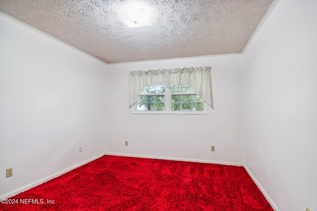 carpeted spare room featuring a textured ceiling and crown molding