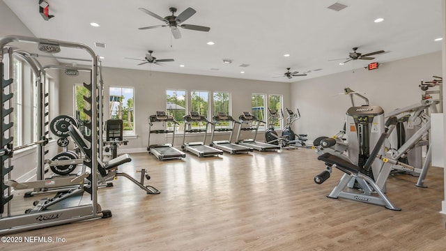 gym with light wood-style flooring, visible vents, baseboards, and recessed lighting