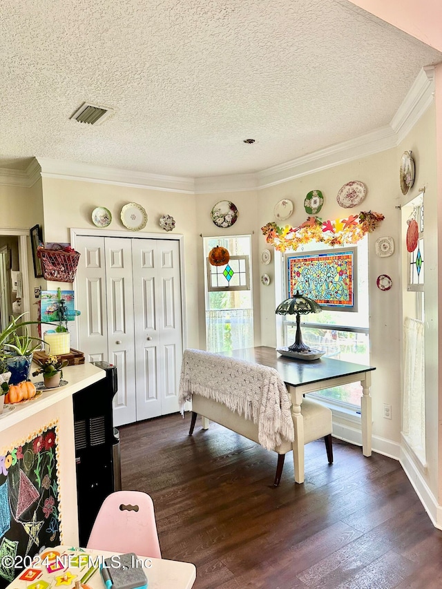 interior space with ornamental molding, a textured ceiling, and dark hardwood / wood-style flooring