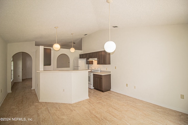 kitchen featuring white appliances, a textured ceiling, dark brown cabinetry, lofted ceiling, and decorative light fixtures