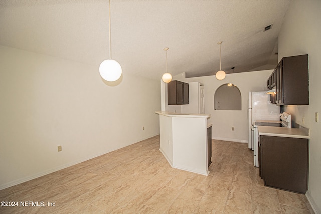 kitchen with dark brown cabinets, decorative light fixtures, high vaulted ceiling, and electric stove