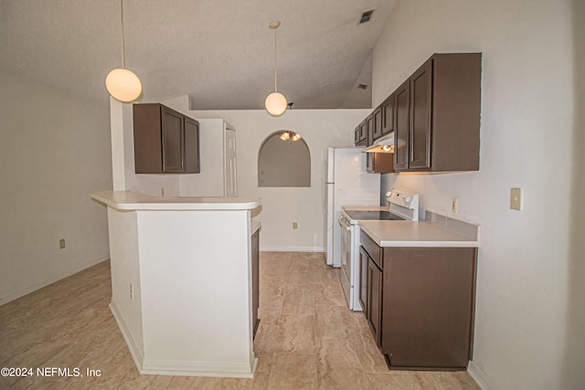 kitchen featuring electric stove, dark brown cabinets, lofted ceiling, and hanging light fixtures