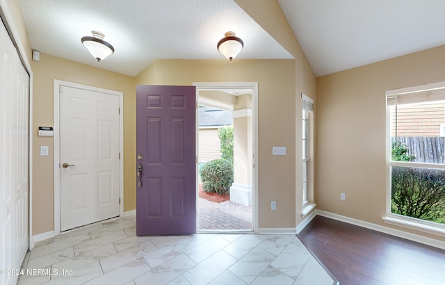 foyer featuring light wood-type flooring, lofted ceiling, a textured ceiling, and a healthy amount of sunlight