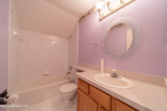 full bathroom featuring a textured ceiling, toilet, vanity, bathing tub / shower combination, and tile patterned flooring