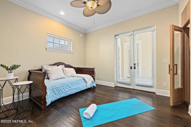 bedroom featuring ceiling fan, dark hardwood / wood-style flooring, access to exterior, and ornamental molding